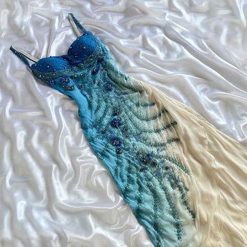 Niulatu Gradient Blue Spaghetti Straps Sheath Chiffon Beading Prom Dresses Vintage Evening Gowns HZ1031